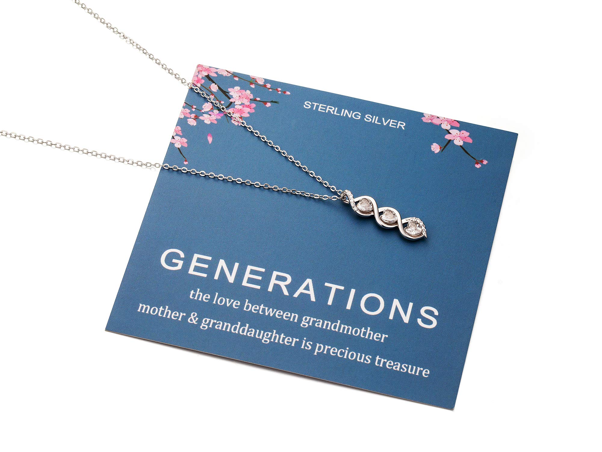 Generations Necklace - Sterling Silver Three Hearts Infinity Gene Necklace for Grandma Mom Granddaughter, Birthday Jewelry Mothers Day Gift