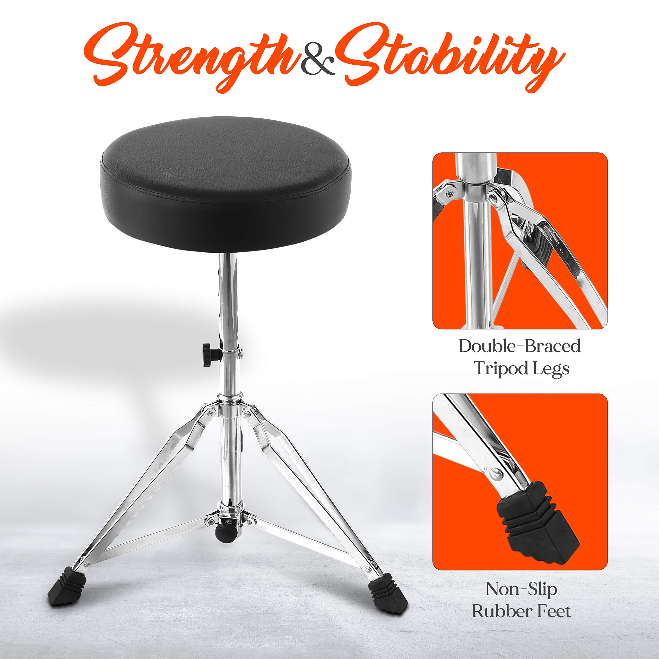 Pyle Adjustable Drum Throne Stool-Portable with Double-braced Tripod Legs, Foam-Cushioned Seat, Perfect for On Stage and in-Studio Use PSEATDRM28