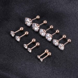 ZS 6 Pairs Shiny Round Cubic Zirconia Surgical Steel Stud Earrings Tragus Helix Conch Piercing Cartilage Sets (6 Pairs.3-8mm Cubic（Rose-gold,Ball Back）)