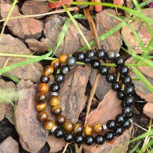 Long Distance Relationship Bracelets (2 Pack) – Spiritual Protection Chakra Bracelet for His and Her Couples for Reiki Healing, Yoga, Meditation – Tiger Eye, Obsidian Triple Protection Gemstones