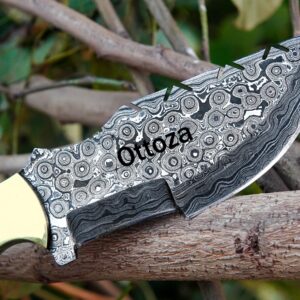 Ottoza Tracker Knife & Bone Handle - Damascus Hunting Knife - Horizontal Carry Knife Sheath 256