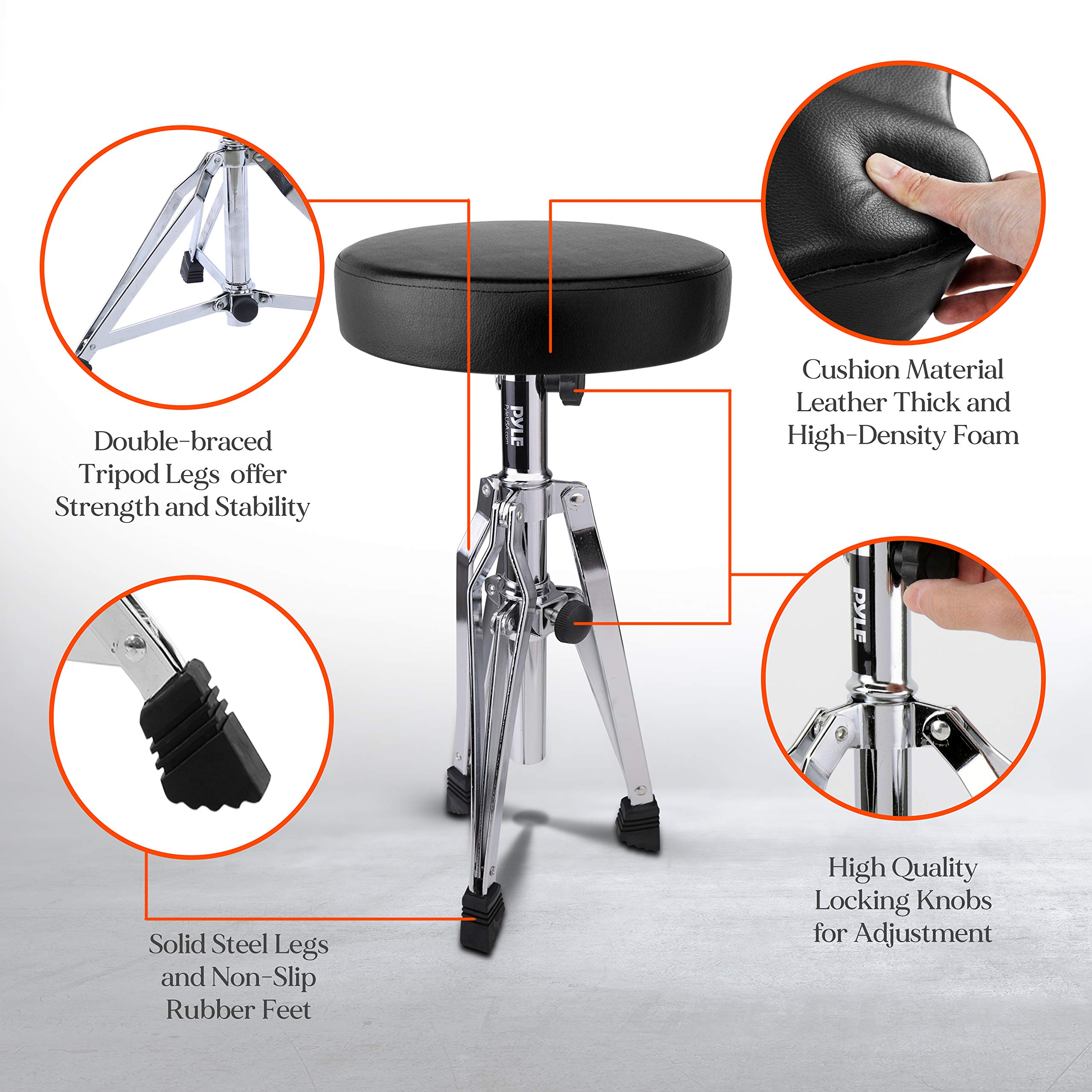 Pyle Adjustable Drum Throne Stool-Portable with Double-braced Tripod Legs, Foam-Cushioned Seat, Perfect for On Stage and in-Studio Use PSEATDRM28