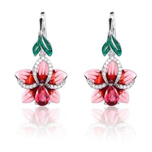 Earrings for Women Mom Fashion Women Enamel Leaf Flower Pendant Rhinestone Inlaid Leverback Earrings Statement Jewelry (Red)