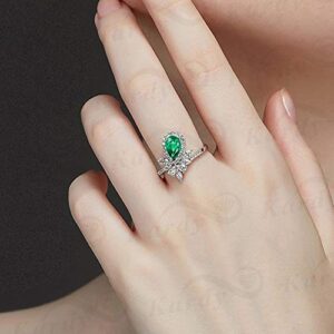 Gorgeous Natural Emerald Gemstone Pear Cut Diamond Solid 14K White Gold Engagement Wedding Promise Ring for Women