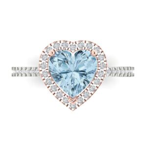 Clara Pucci 2.3ct Heart Cut Solitaire Halo Sky Blue Aquamarine Designer Wedding Bridal art deco Anniversary Ring 14k 2 Tone Gold 11