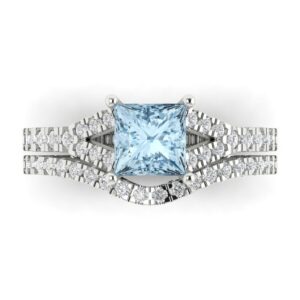 Clara Pucci 2.01ct Princess Cut Solitaire Natural Light Aquamarine Engagement Promise Anniversary Bridal Ring Band set 14k White Gold 7.5