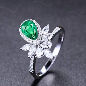 Gorgeous Natural Emerald Gemstone Pear Cut Diamond Solid 14K White Gold Engagement Wedding Promise Ring for Women