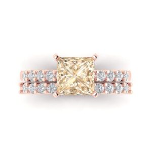 Clara Pucci 2.6 carat Princess Cut Solitaire accent Natural Morganite Wedding Anniversary Bridal Ring band set 14k Rose Gold 4.25