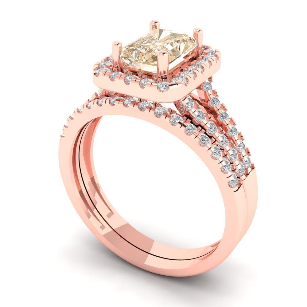 Clara Pucci 1.60ct Emerald Cut Halo Solitaire Natural Morganite Engagement Promise Anniversary Bridal Ring Band set 14k Rose Gold 3.5