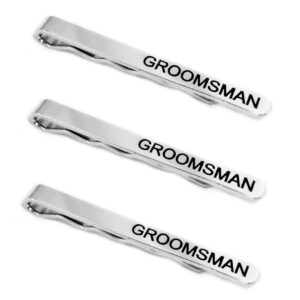 dynec groomsman tie clips, silver tie bars with black lettering, 3 pack