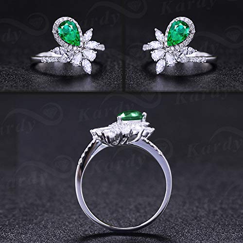 Gorgeous Natural Emerald Gemstone Pear Cut Diamond Solid 14K White Gold Engagement Wedding Promise Ring for Women