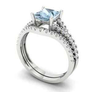 Clara Pucci 2.01ct Princess Cut Solitaire Natural Light Aquamarine Engagement Promise Anniversary Bridal Ring Band set 14k White Gold 7.5