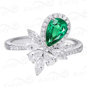 Gorgeous Natural Emerald Gemstone Pear Cut Diamond Solid 14K White Gold Engagement Wedding Promise Ring for Women