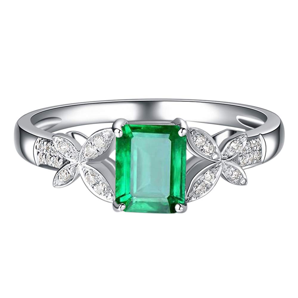 Kardy Elegant Butterfly Natural Emerald Gemstone Diamond Solid 14K White Gold Engagement Wedding Promise Ring for Women