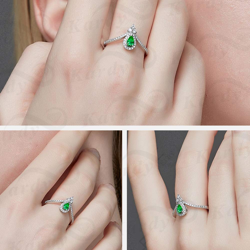 Amazing Elegant Deep V Shape Natural Emerald Gemstone Diamond Solid 14K White Gold Engagement Wedding Promise Ring for Women