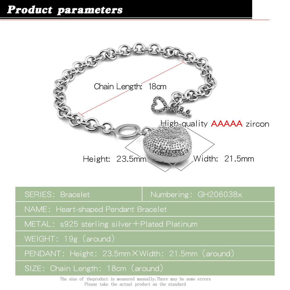 Dankadi New Products Women's 925 Sterling Silver Bracelet Fine Jewelry Shining Heart Bracelet 6 "7" 8" Solid Silver Accessories Birthday Party Gift (8)