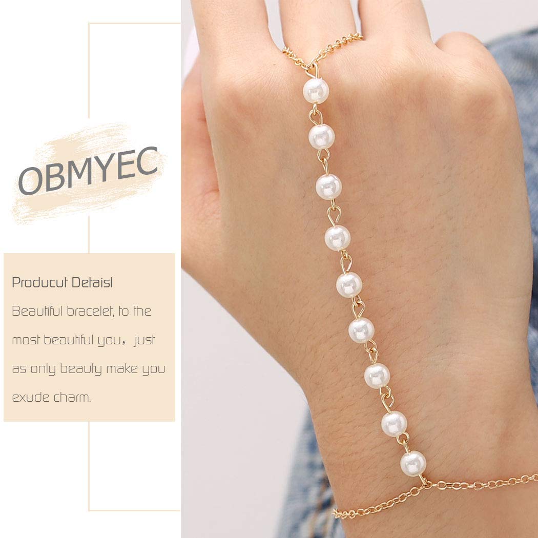 Obmyec Boho Pearl Finger Bracelets Gold Pearl Ring Hand Chain Wedding Beaded Slave Hand Harness Bracelets Bridal Hand Jewelry for Women