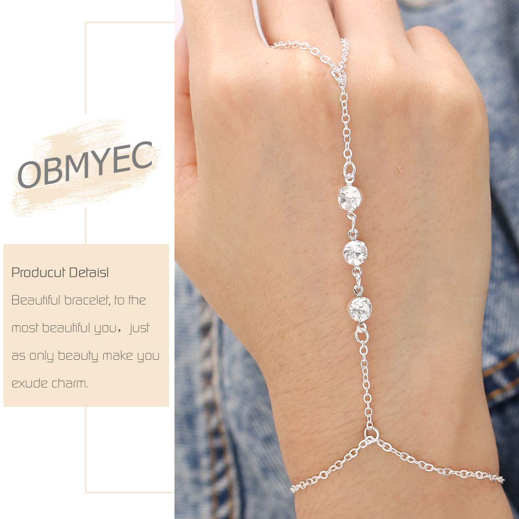 Obmyec Boho Crystal Finger Ring Bracelets Silver Rhinestone Hand Chain Slave Hand Harness Bracelet Accessories for Women