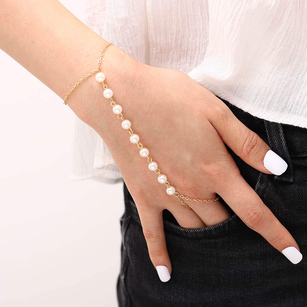 Obmyec Boho Pearl Finger Bracelets Gold Pearl Ring Hand Chain Wedding Beaded Slave Hand Harness Bracelets Bridal Hand Jewelry for Women