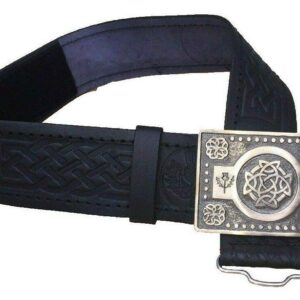 Black Leather Thistle Design Scottish Highland Kilt Belt With Antique Finish Buckle