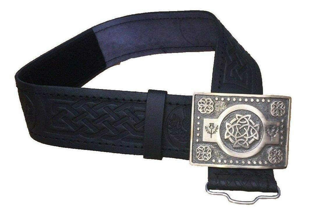 Black Leather Thistle Design Scottish Highland Kilt Belt With Antique Finish Buckle