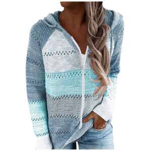 LATINDAY Women's Color Block Hoodie Striped Sweater Lightweight V Neck Knit Pullover Sweatshirts Sky Blue