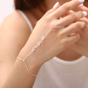 Obmyec Boho Crystal Finger Ring Bracelets Silver Rhinestone Hand Chain Slave Hand Harness Bracelet Accessories for Women