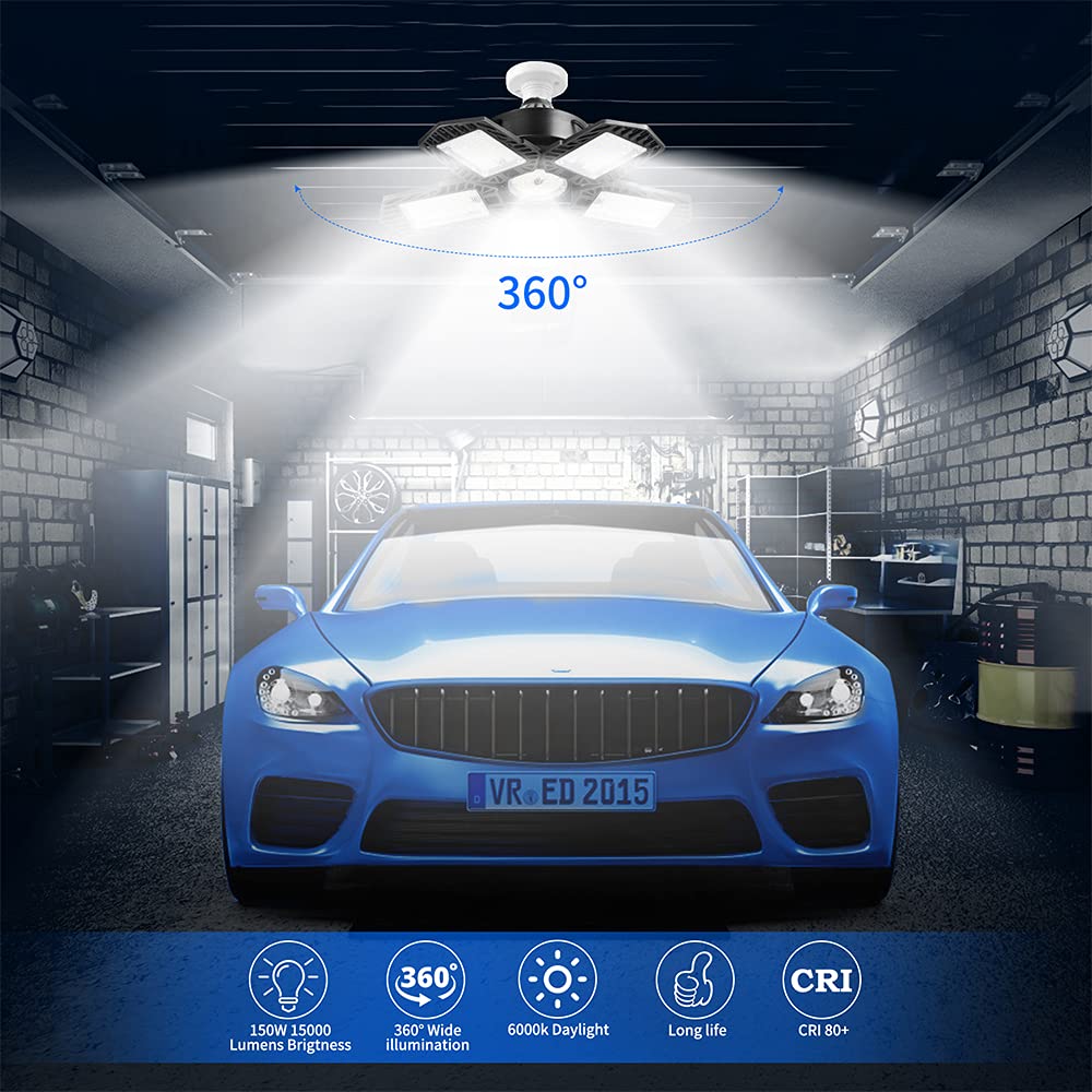 LED Garage Light, 150W 15000 Lumens Daylight LED Light Bulbs, Deformable Garage Ceiling Lights with Five Adjustable Panels, E26/E27 Base LED Shop Light Bulb for Workshop Basement and Warehouse