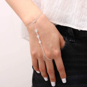 Obmyec Boho Crystal Finger Ring Bracelets Silver Rhinestone Hand Chain Slave Hand Harness Bracelet Accessories for Women