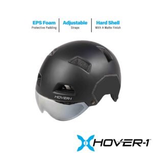 Hover-1 GR-300 Impact Resistant Adult Helmet | For Ages Above 14, Detachable Magnetic Visor, EPS Foam Padding, Adjustable Straps & Secure Buckle, Large, Black