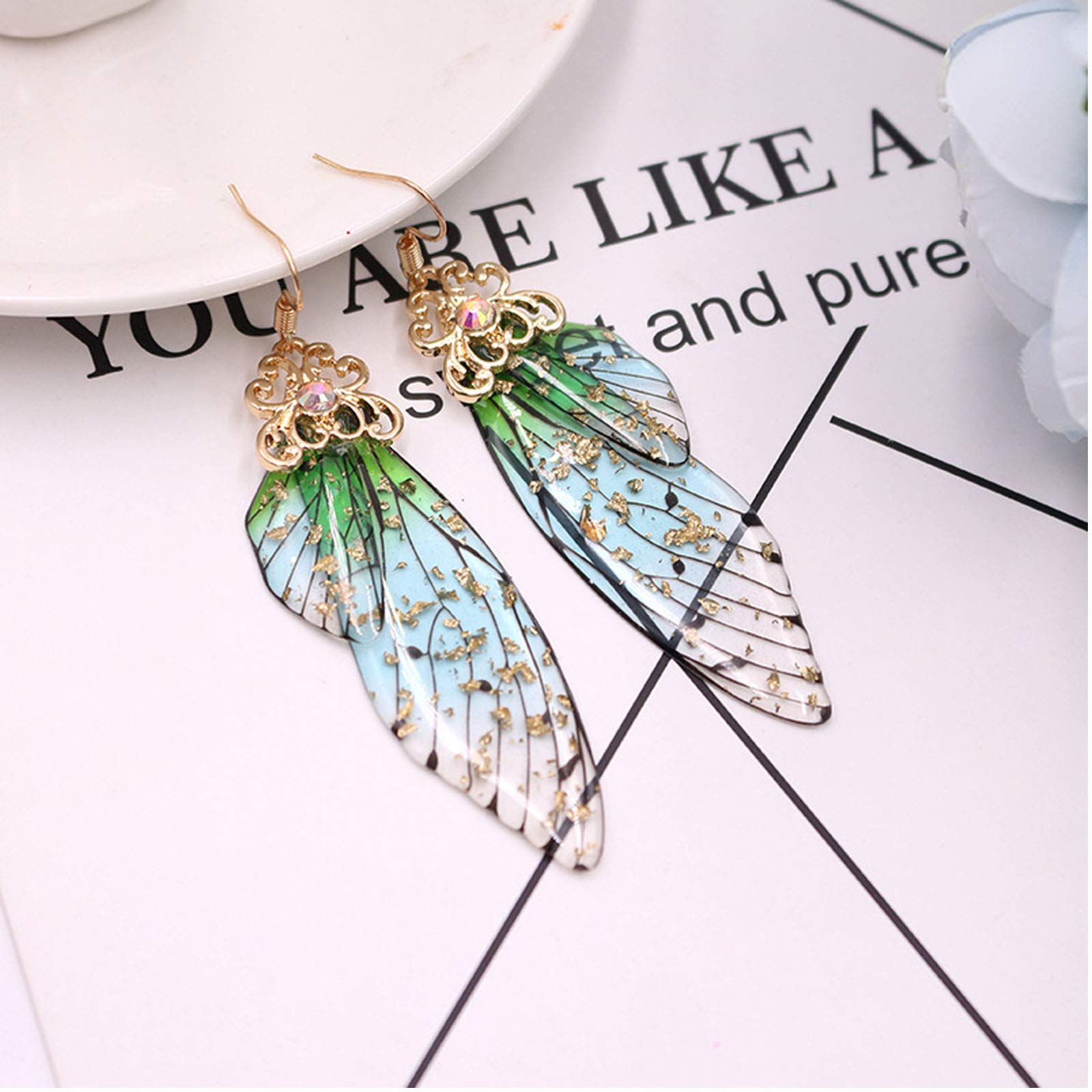 BELLA-Bee Butterfly Wing Drop Dangle Earrings Gold Plated Crystal Rhinestone for women wedding Jewelry (Green)…