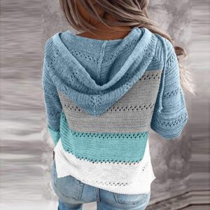 LATINDAY Women's Color Block Hoodie Striped Sweater Lightweight V Neck Knit Pullover Sweatshirts Sky Blue