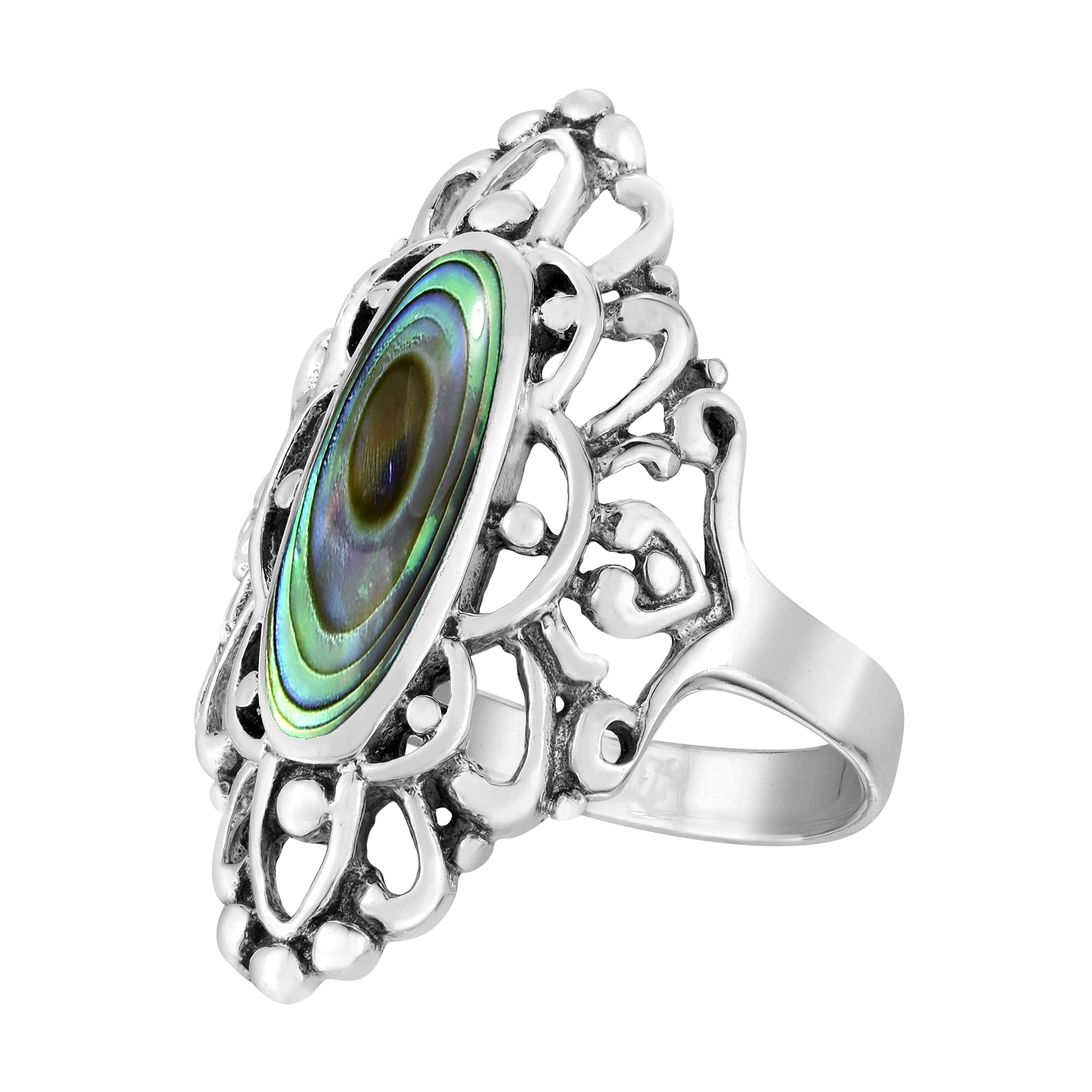 AeraVida Heart Filigree Oval Abalone Shell .925 Sterling Silver Ring