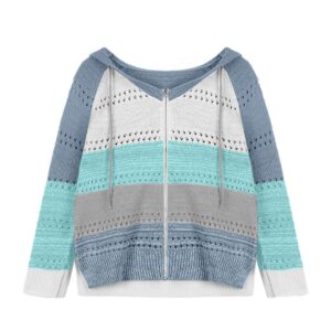 LATINDAY Women's Color Block Hoodie Striped Sweater Lightweight V Neck Knit Pullover Sweatshirts Sky Blue