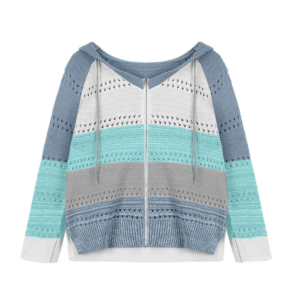 LATINDAY Women's Color Block Hoodie Striped Sweater Lightweight V Neck Knit Pullover Sweatshirts Sky Blue