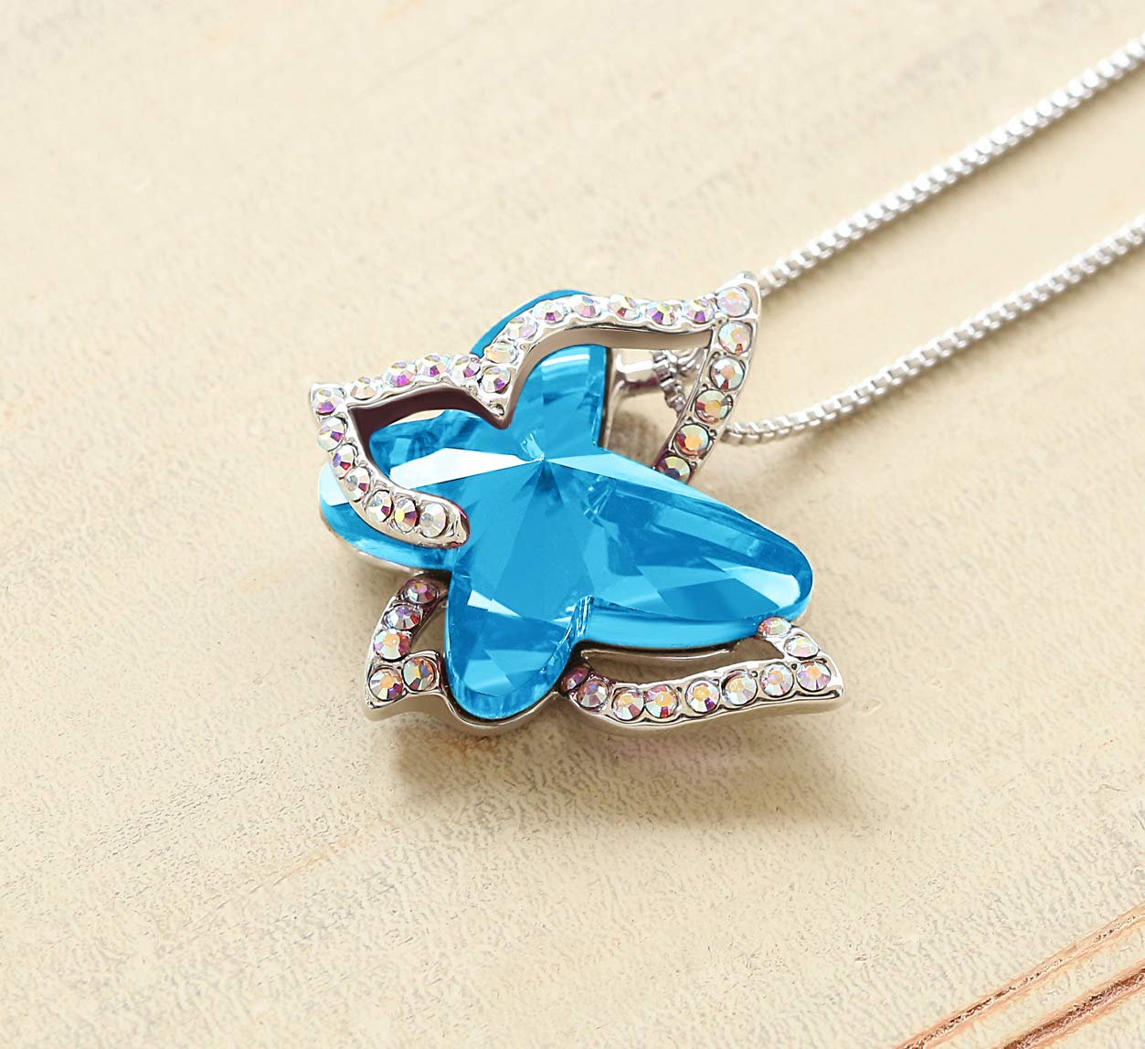 GEMMANCE Butterfly Crystal Necklace with Aquamarine Blue Birthstone for March and December, Silver-Tone, 18”+2” Chain