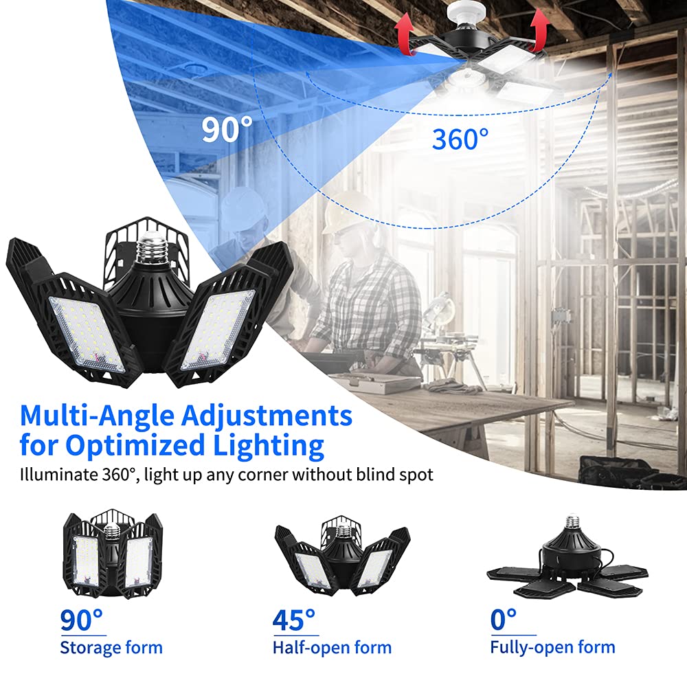 LED Garage Light, 150W 15000 Lumens Daylight LED Light Bulbs, Deformable Garage Ceiling Lights with Five Adjustable Panels, E26/E27 Base LED Shop Light Bulb for Workshop Basement and Warehouse