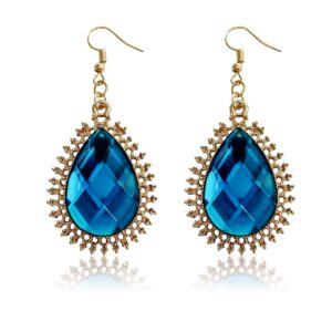 RareLove Gothic Halloween Costumes Princess Blue Rhinestone Teardrop Gold Plated Alloy Vintage Dangle Piercing Earrings For Women