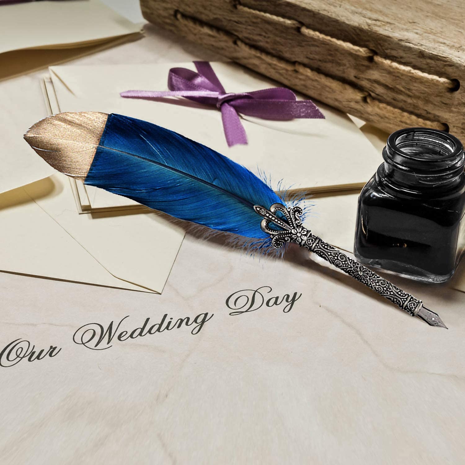 Quill Pen, Handmade Quill Feather Pen Set Antique Calligraphy Writing Quill Pen with Ink, Feather Pen with Ink and Steel Tips Calligraphy Set Quill Pen,6 Replacement Nibs/Contains ink（Navy Blue）1