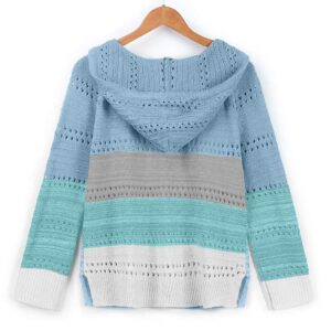 LATINDAY Women's Color Block Hoodie Striped Sweater Lightweight V Neck Knit Pullover Sweatshirts Sky Blue