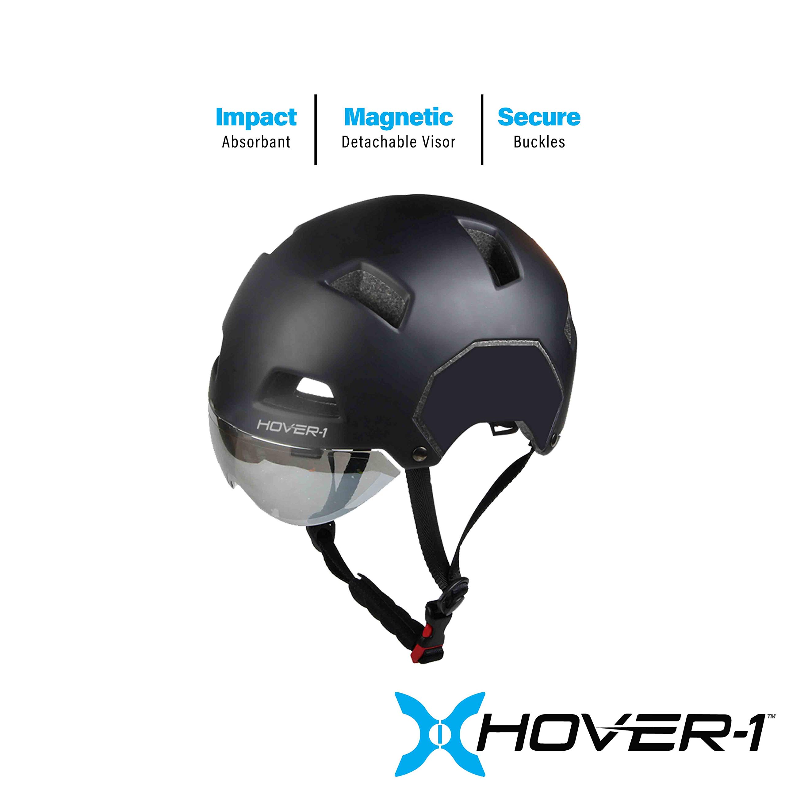 Hover-1 GR-300 Impact Resistant Adult Helmet | For Ages Above 14, Detachable Magnetic Visor, EPS Foam Padding, Adjustable Straps & Secure Buckle, Large, Black