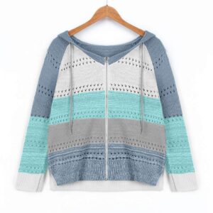 LATINDAY Women's Color Block Hoodie Striped Sweater Lightweight V Neck Knit Pullover Sweatshirts Sky Blue