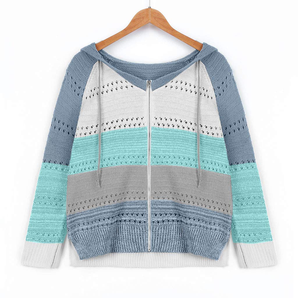 LATINDAY Women's Color Block Hoodie Striped Sweater Lightweight V Neck Knit Pullover Sweatshirts Sky Blue