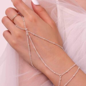 Obmyec Simple Hand Chain Layered Silver Finger Ring Chain Bracelets Dangle Beaded Slave Bracelets Daily Prom Hand Bracelets for Women