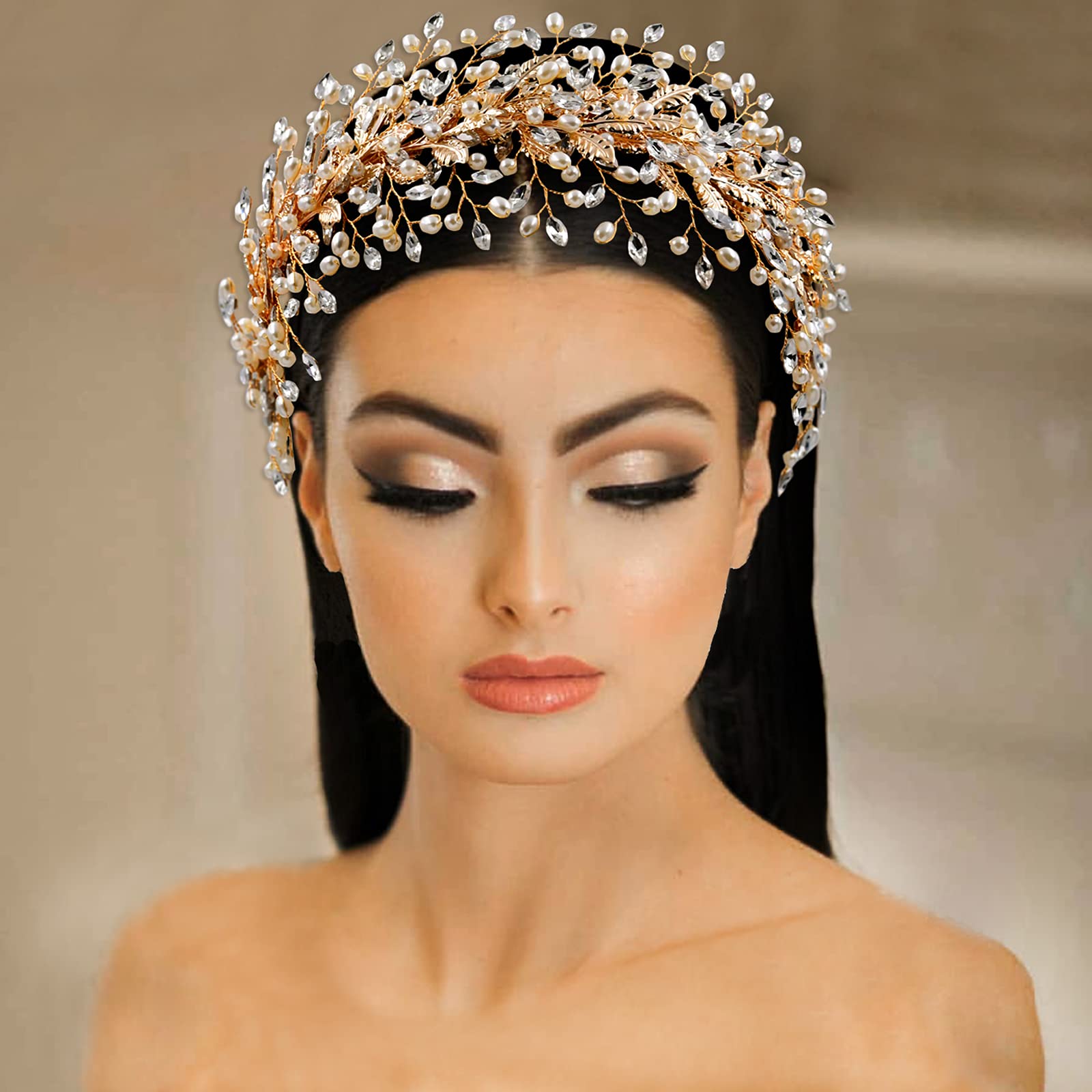 ZHENM Rhinestone Wedding Hair Band Bridal Headband Wedding Hair Accessories for Brides(Golden)