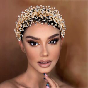 ZHENM Rhinestone Wedding Hair Band Bridal Headband Wedding Hair Accessories for Brides(Golden)