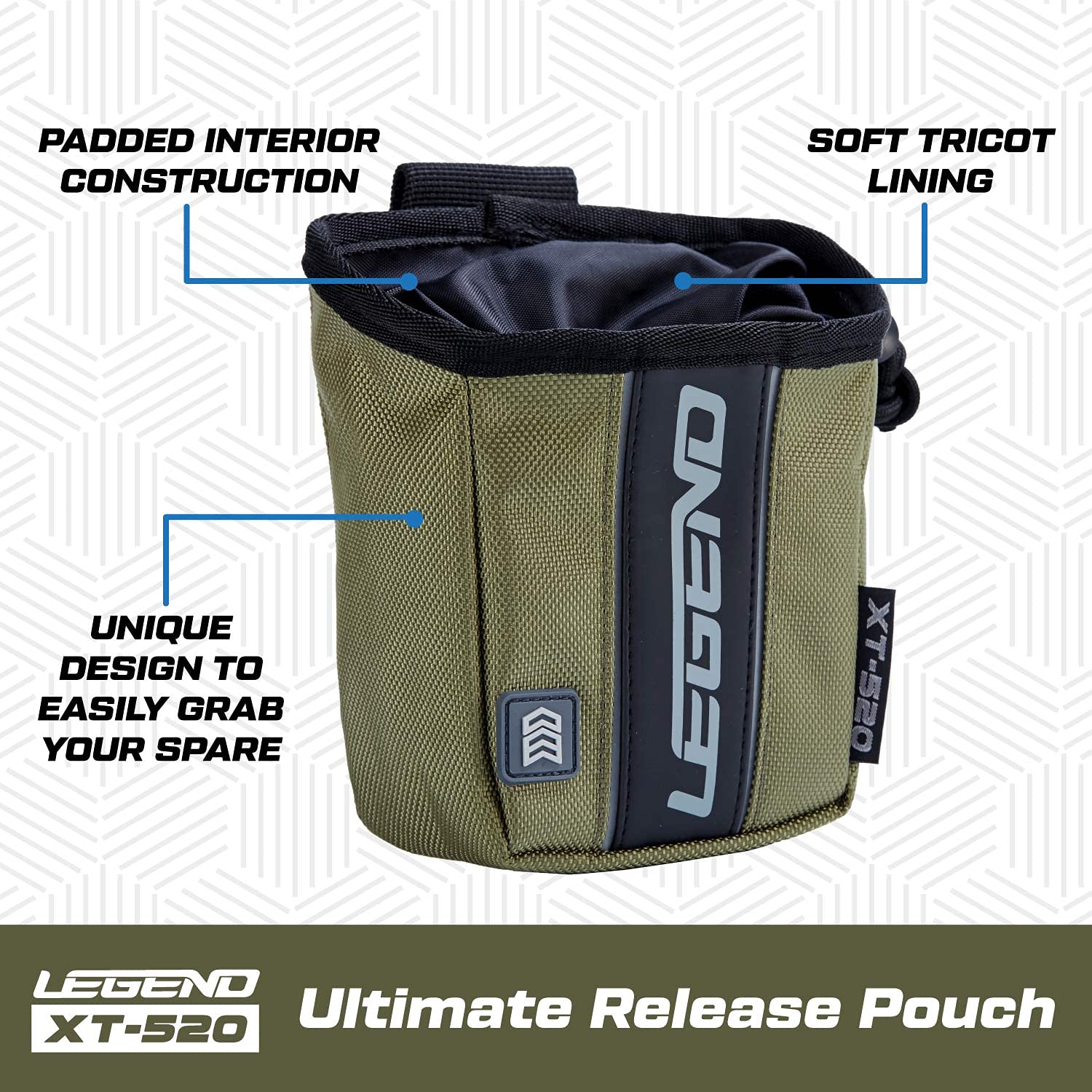 LEGEND - XT520 Quick Release Pouch & Finger Tab Bag (Army Green) | Interior Divider for Better Organization & Storage of Release Aids | Attaches to Standard 2" Belt | Quick Drawstring Closure