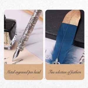 Quill Pen, Handmade Quill Feather Pen Set Antique Calligraphy Writing Quill Pen with Ink, Feather Pen with Ink and Steel Tips Calligraphy Set Quill Pen,6 Replacement Nibs/Contains ink（Navy Blue）1