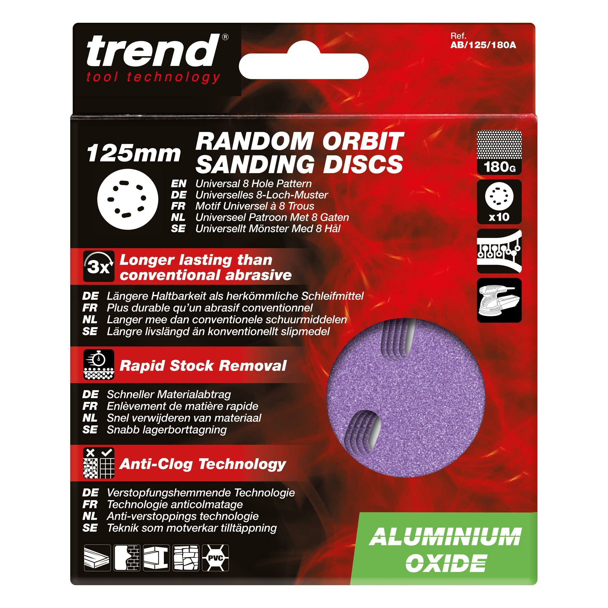 Trend Aluminium Oxide 5 Inch Random Orbit 180 Grit Abrasive Sanding Discs, AB/125/180A, Pack of 10