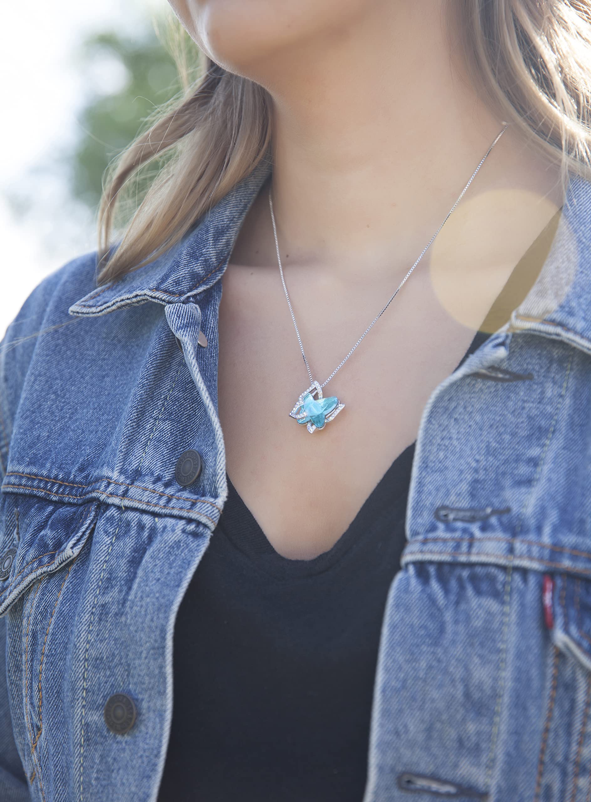 GEMMANCE Butterfly Crystal Necklace with Aquamarine Blue Birthstone for March and December, Silver-Tone, 18”+2” Chain